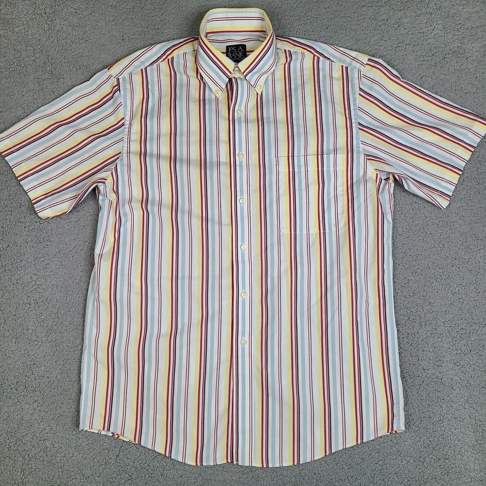 Jos A Bank Shirt Mens Medium White Colorful Striped Short Sleeve Button Down